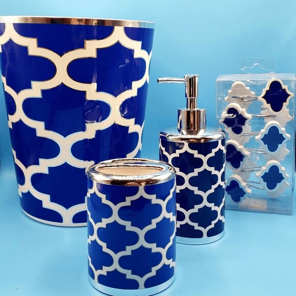 4-Piece Frework Bathroom Set Blue Waste Basket Lotion Tooth Brush Holders S Hook - Picture 2 of 11